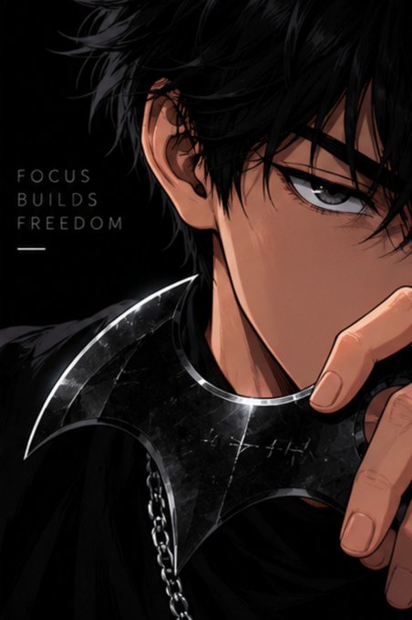 An anime-style illustration of a dark-haired character holding a black bladed weapon, accompanied by the text 'FOCUS BUILDS FREEDOM.'