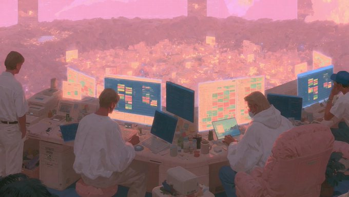 An anime-style illustration depicting several people sitting at desks with multiple monitors displaying charts and code, overlooking a hazy city landscape bathed in pink light.