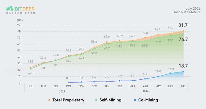 A line chart titled 'BITDEER NASDAQ: BTDR Hash Rate Metrics July 2026,' tracking 'Total Proprietary,' 'Self-Mining,' and 'Co-Mining' hash rates in EH/s from July 2025 through July 2026.