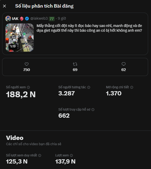 A dark-themed analytics dashboard showing post statistics in Vietnamese, including 188.2K views, 750 likes, and video playback metrics.