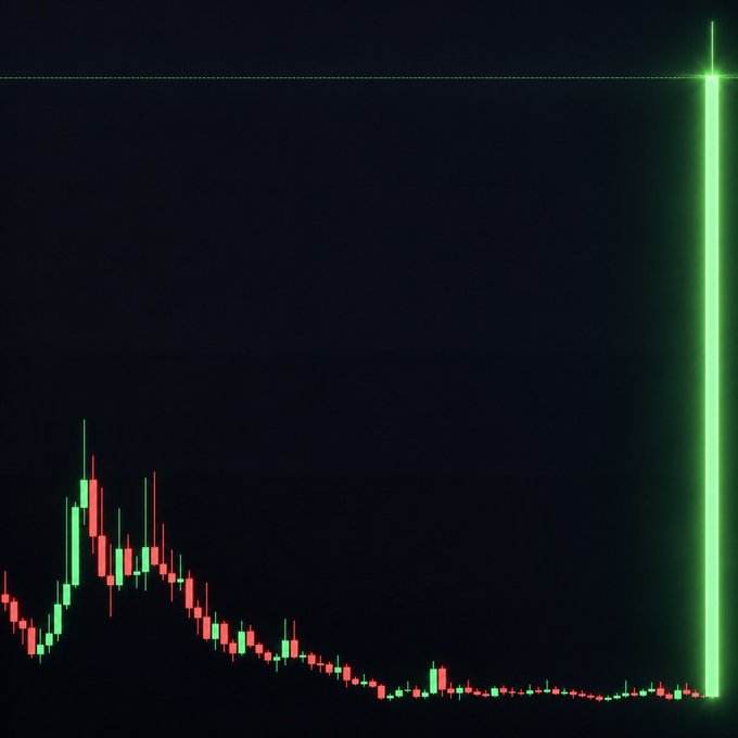 A financial candlestick chart on a dark background showing a dramatic price spike, with a massive green candle shooting up to a new resistance line on the far right.