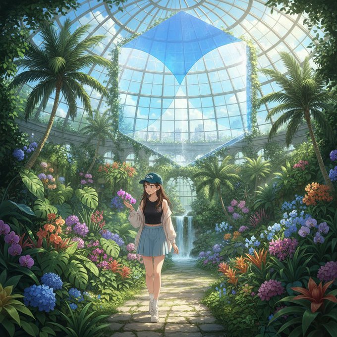 An anime-style illustration of a girl wearing a "ZIG" cap standing in a lush greenhouse garden with a waterfall, under a glass dome featuring a large ZIGChain logo.