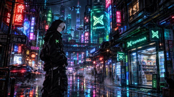 A moody cyberpunk street scene depicts a hooded figure in black walking through a neon-lit alley filled with Chinese signage and glowing 'QuipNetwork' storefronts.