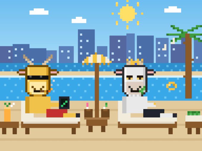 Pixel art animation showing two cow characters—one with sunglasses and one as a sheep with a crown—relaxing on beach lounge chairs with a city skyline and ocean in the background.