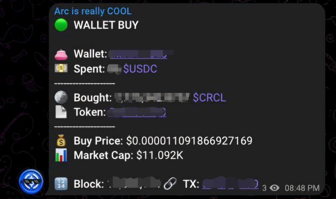 A Discord bot notification titled 'Arc is really COOL' displays a WALLET BUY transaction showing $USDC spent to buy $CRCL tokens at a buy price of $0.000011091866927169 with a market cap of $11.092K.