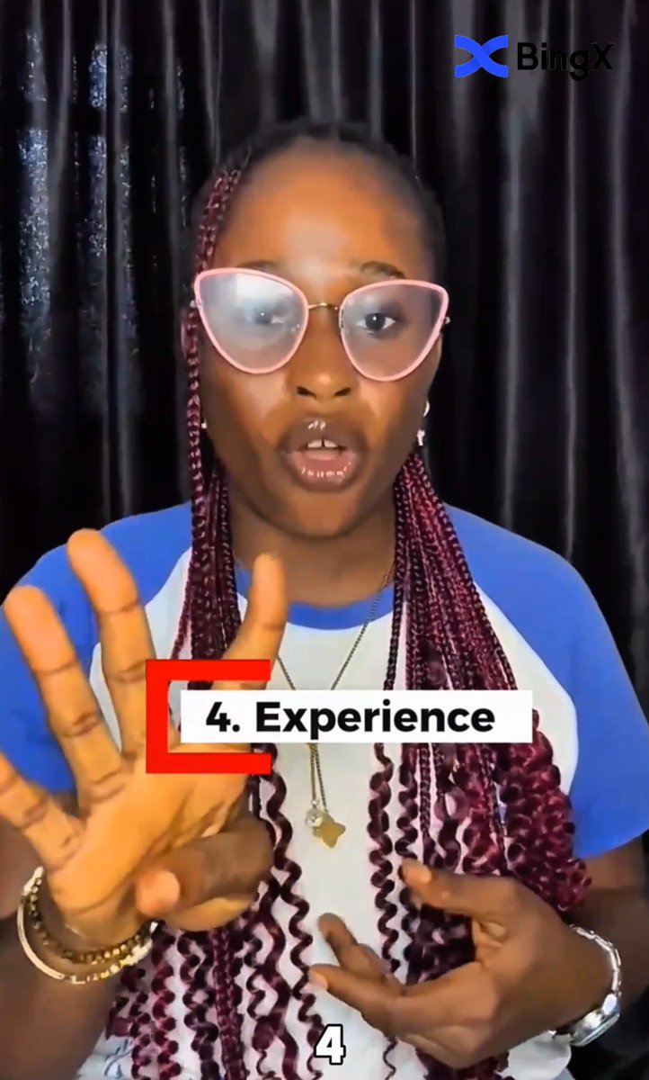 A woman with purple-tinted braided hair and pink cat-eye glasses holds up four fingers, with text overlay '4. Experience' and 'BingX' logo in the upper right corner.