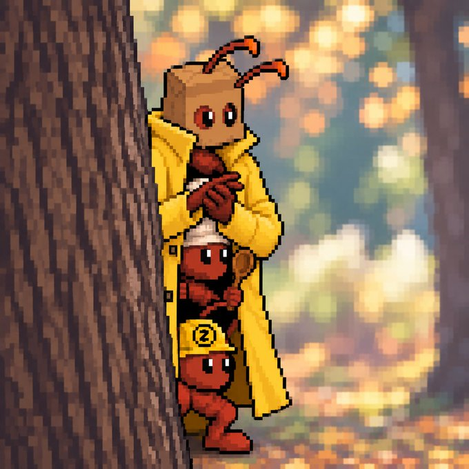 Pixel art featuring two red ant-like characters—one wearing a yellow trench coat with a paper bag mask and the other in a yellow cap—peeking out from behind a tree trunk in an autumn forest setting.