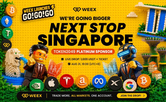A vibrant LEGO-style promotional banner for WEEX announces their NEXT STOP SINGAPORE event as a Token2049 Platinum Sponsor, featuring "AI Wars II" with a live 1,000 USDT + ticket drop on August 31 at 19:00 (UTC+8), while showcasing crypto and tech brand logos like Bitcoin, Ethereum, Tether, Apple, Google, and Amazon alongside brick-built characters including the Merlion.