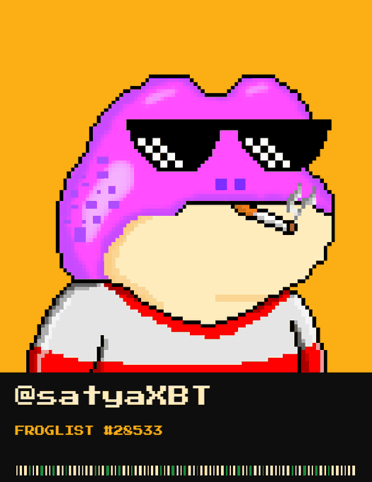 A pink pixel-art frog character wearing black "deal with it" sunglasses and a gray-and-red shirt is displayed on an orange background, with the username "@satyaxBT" and "FROGLIST #28533" labeled below. The image appears to be the frog profile picture being considered, matching the ZEC Frogs collection mentioned in the post about potentially using it as a temporary profile picture.