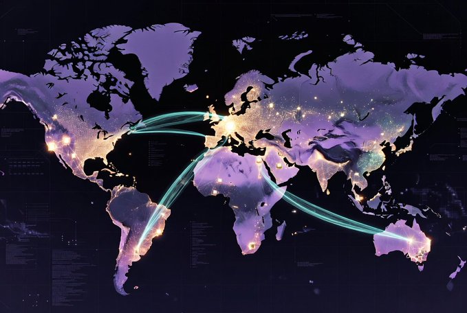 A stylized world map with glowing city lights and green arcs connecting continents across Europe, the Americas, Africa, and Asia.