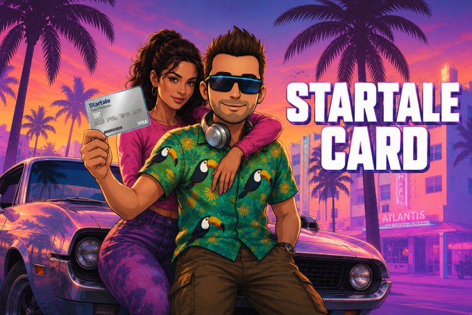 A vibrant retro-style promotional graphic for 'STARTALE CARD' depicts a stylish couple posing with a Visa credit card against a purple sunset backdrop with palm trees and an Atlantis sign.