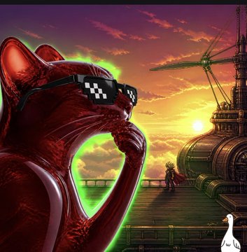 A digital artwork featuring a red cat wearing pixelated sunglasses with green glow, set against a sunset background with a bridge and a small figure in a cape, alongside a white goose.