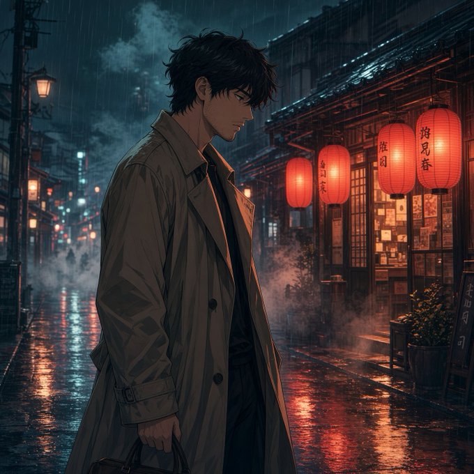 An anime-style illustration depicts a young man in a beige trench coat standing in a rainy nighttime street illuminated by glowing red Japanese lanterns with Japanese characters.