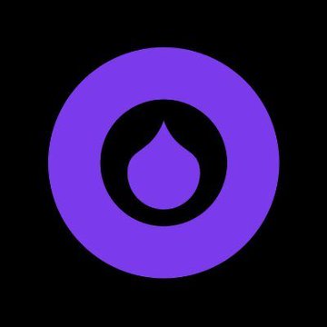 A purple logo featuring a teardrop or droplet shape inside a circle on a black background.