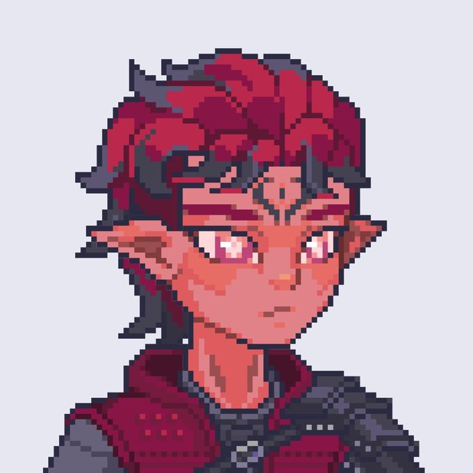 A pixel art portrait of a character with red hair, pink eyes, pointed elf-like ears, and a small mark on their forehead, set against a light blue background.