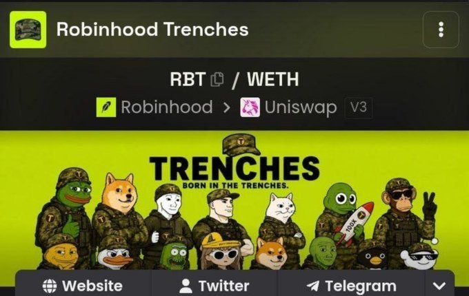 The image shows a DexScreener page for the "RBT / WETH" trading pair on Uniswap V3, featuring "Robinhood Trenches" with a military-themed banner displaying "TRENCHES - BORN IN THE TRENCHES" alongside various memecoin characters in camouflage gear. This visual reinforces the "Gm Robinhood Trenches" post by showcasing the token's trading page and its meme-inspired military branding.