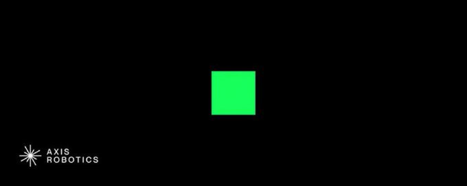 A black screen featuring the white "AXIS ROBOTICS" logo and emblem in the bottom left corner, with a bright green square displayed in the center.