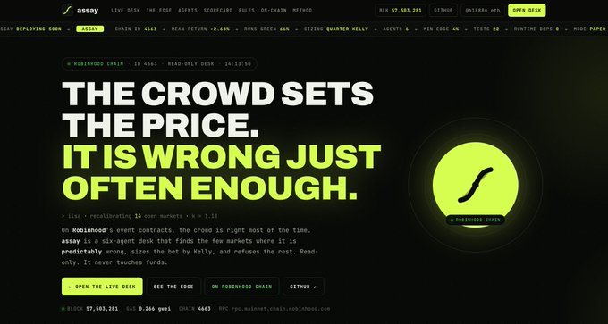 A webpage for "assay" on Robinhood Chain (ID 4663) displays the slogan "THE CROWD SETS THE PRICE. IT IS WRONG JUST OFTEN ENOUGH," alongside a six-agent AI system designed to identify mispriced event contracts by exploiting the crowd's tendency to overprice longshots and underprice favorites.