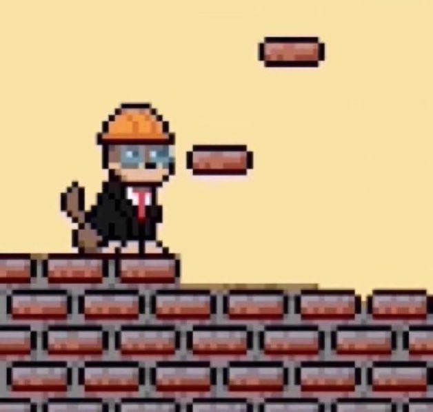 A pixel art cat wearing a hard hat and business attire stands atop a brick platform, jumping between floating brick platforms against a yellow sky.

The image visually reinforces the post's message of choosing work ("continue the build") over leisure ("eat Tacos"), depicting a determined, construction-themed character actively building rather than taking a break.