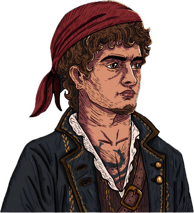 The image features a man wearing a pirate costume with a red bandana tied around his head. The pirate outfit includes a jacket, a shirt, and a hat. The man's face is turned towards the viewer, giving him an intense look as if he is ready for battle or on a daring adventure. The background of the image is white, which contrasts with the colorful pirate attire and draws attention to the man in the costume.