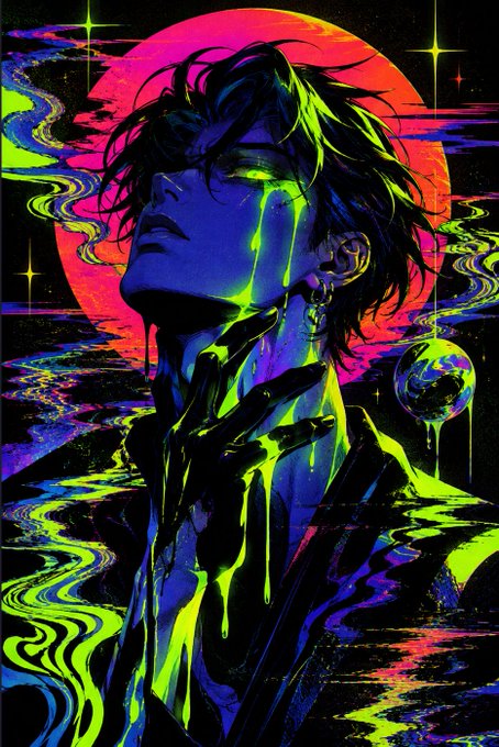 A vibrant vaporwave-style digital illustration of a person with glowing green liquid dripping from their eyes against a red sun and neon green swirls.