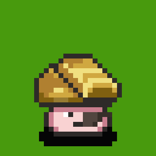 A pixel art sprite of a character with blonde hair and pink clothing against a solid green background.