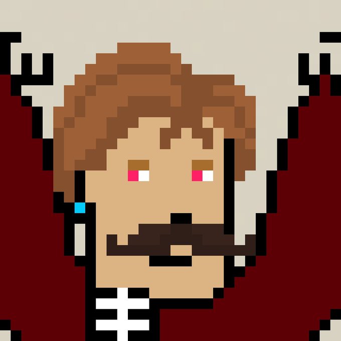 A pixel art portrait of a vampire with brown hair, a prominent dark mustache, fangs, red eyes, and a red cape against a cream background, representing a hand-drawn vampire punk NFT from the Midnight Punks collection on Cardano.