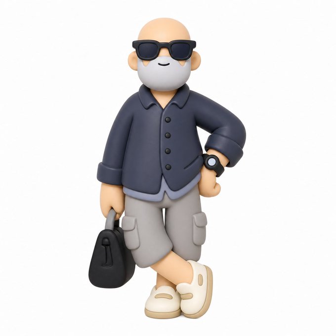 A 3D-rendered figure of a bald elderly man with sunglasses and a grey beard, wearing a navy shirt, grey shorts, and holding a black bag.