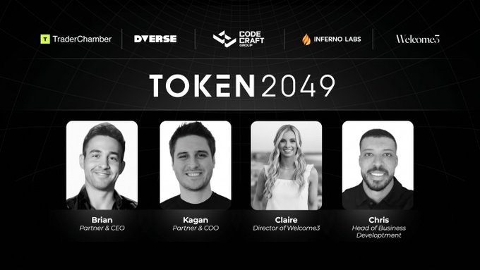 A promotional graphic for TOKEN2049 featuring headshots of four speakers—Brian (Partner & CEO), Kagan (Partner & COO), Claire (Director of Welcome3), and Chris (Head of Business Development)—alongside partner logos including TraderChamber, DVERSE, CODE CRAFT CAPITAL, Inferno Labs, and Welcome3, indicating the event where the team is meeting people in the crypto/Web3 space during their Singapore stop.