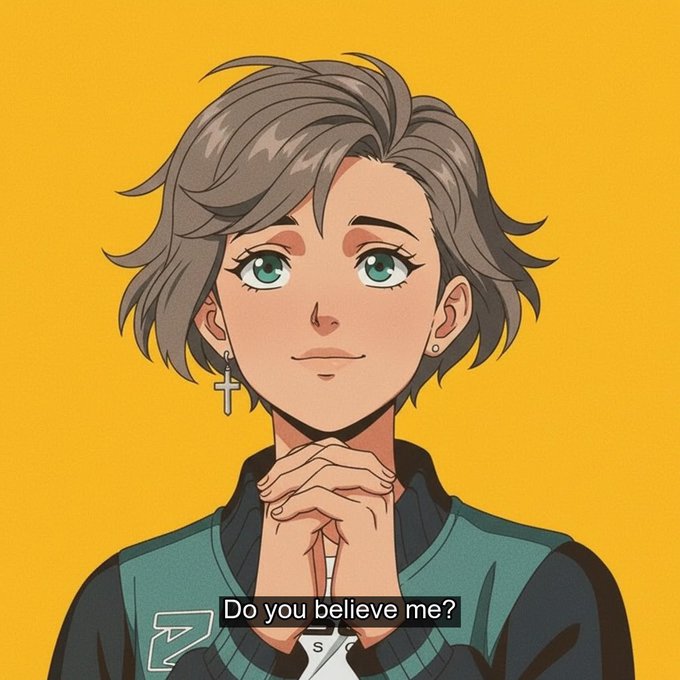 An anime-style illustration of a gray-haired character with green eyes wearing a cross earring, with the text 'Do you believe me?' at the bottom.