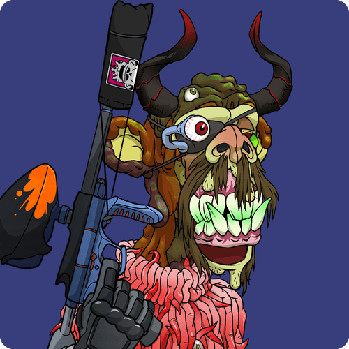 A digital illustration of a fierce, brown-skinned horned beast-like character holding a large futuristic rifle, with one eye bulging on a stalk and wearing pink knitted material around its neck.