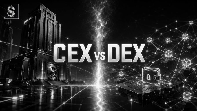A dramatic black-and-white graphic reading 'CEX vs DEX' with a bank vault on the left and a digital wallet/lock on the right, separated by a lightning bolt.