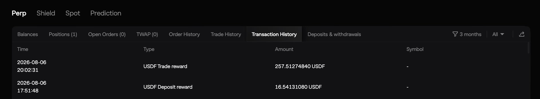 A dark-themed crypto trading interface displays Transaction History with two reward entries: a "USDF Trade reward" of 257.51274840 USDF dated 2026-08-06 20:02:31, and a "USDF Deposit reward" of 16.54131080 USDF dated 2026-08-06 17:51:48, highlighting the attractive returns that accompany the post's enthusiastic mention of Yearhua's 15.3% yield.