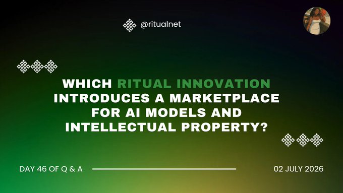 A green-themed social media graphic from @ritualnet asking 'WHICH RITUAL INNOVATION INTRODUCES A MARKETPLACE FOR AI MODELS AND INTELLECTUAL PROPERTY?' marked as Day 46 of Q&A, dated 02 July 2026.