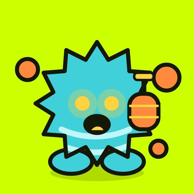 A quirky blue spiky-haired cartoon character with large round eyes and a wide smile stands on a vibrant yellow-green background, holding what appears to be an orange object resembling a microphone or grenade. The illustration embodies the playful "OddPod" NFT collection branding, showcasing one of the 3,499 unique handmade characters mentioned in the promotional post.