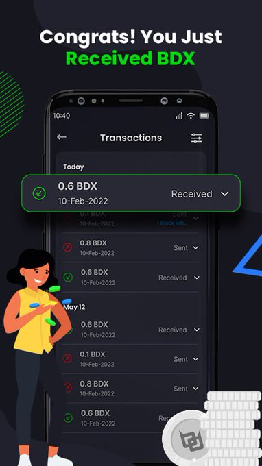 A mobile app advertisement showing a 'Congrats! You Just Received BDX' transaction history screen, highlighting a 0.6 BDX received transaction dated 10-Feb-2022.