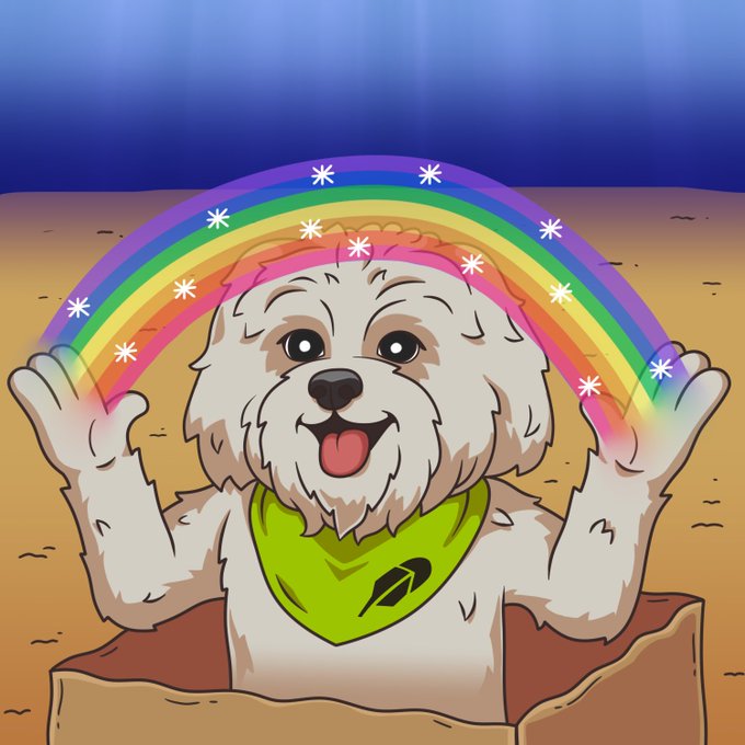 A cheerful white fluffy dog wearing a green bandana pops up from a cardboard box, raising its paws to support a sparkling rainbow over its head, perfectly embodying the post's message of creating "magic" with the $BRODIE meme coin.