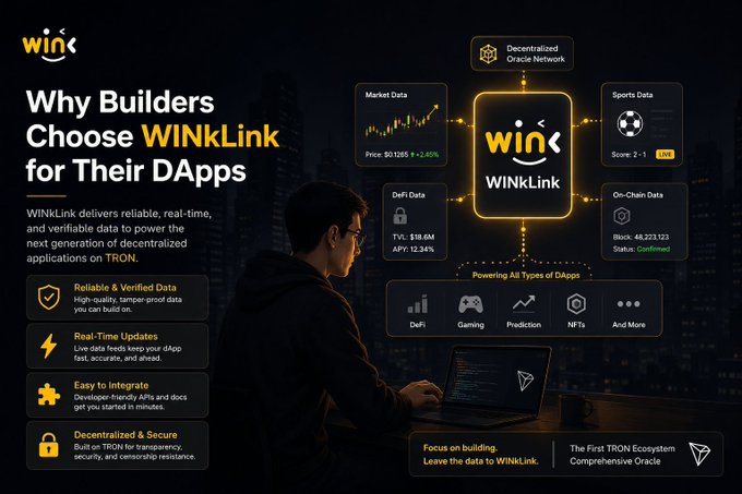 Marketing graphic for WINkLink, titled 'Why Builders Choose WINkLink for Their DApps,' highlighting features like reliable data, real-time updates, and integration for the TRON ecosystem.