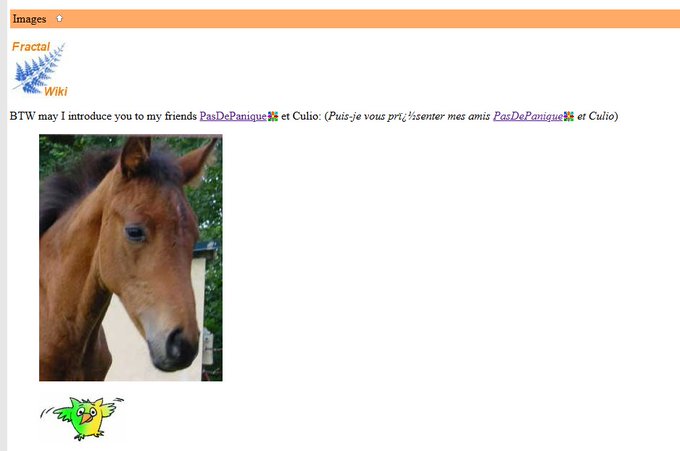 A wiki page screenshot showing a horse's head with the text 'BTW may I introduce you to my friends PasDePanique et Culio: (Puis-je vous présenter mes amis PasDePanique et Culio)'