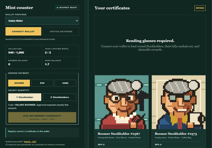 The image shows a "Mint counter" interface on the left, displaying a "BOOMER READY" status with collection 540/1,000 and a wallet (0xa6c01122f7ec4b068d12f9ec9c6d2e5af611f14a) holding 0 BOOMER and 1.7 USDC, with an option to mint 1 Stockholder for 100,000 BOOMER. On the right, two pixel-art "Boomer Stockholder" NFT certificates (#0367 "Blonde Boomer" and #0373 "Bearded Boomer") are displayed but locked behind a "Reading glasses required" message until the wallet is connected. This illustrates Step 2 of the process—connecting a wallet on boomerstocks.com/#stockholders to view owned NFT certificates and claim rewards.