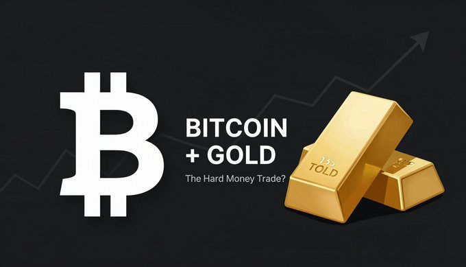 A promotional graphic with a black background featuring the Bitcoin logo, an upward-trending chart arrow, and gold bars, with the text 'BITCOIN + GOLD - The Hard Money Trade?'.