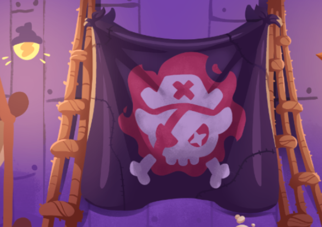 urn of gold and purple, with a pirate flag on the right side, against a dark purple background.