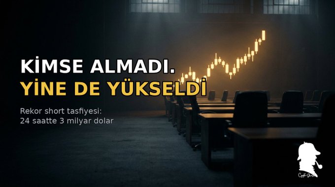 The image depicts a rising candlestick chart with Turkish text stating "Nobody Bought. It Rose Anyway." and "Record short liquidation: 3 billion dollars in 24 hours," visually representing the surge mentioned in the post.