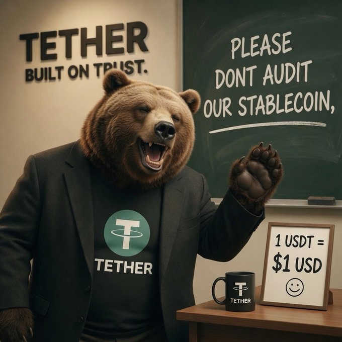 Humorous AI-generated image of an anthropomorphic bear in a Tether-branded shirt and blazer standing before a chalkboard that reads 'PLEASE DONT AUDIT OUR STABLECOIN,' with a sign showing '1 USDT = $1 USD.'