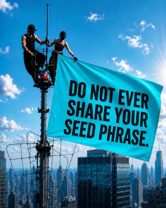 Two masked climbers perched on a tall tower unfurl a large cyan banner reading "DO NOT EVER SHARE YOUR SEED PHRASE." against a city skyline, visually reinforcing the post's warning to keep crypto seed phrases private and secure.