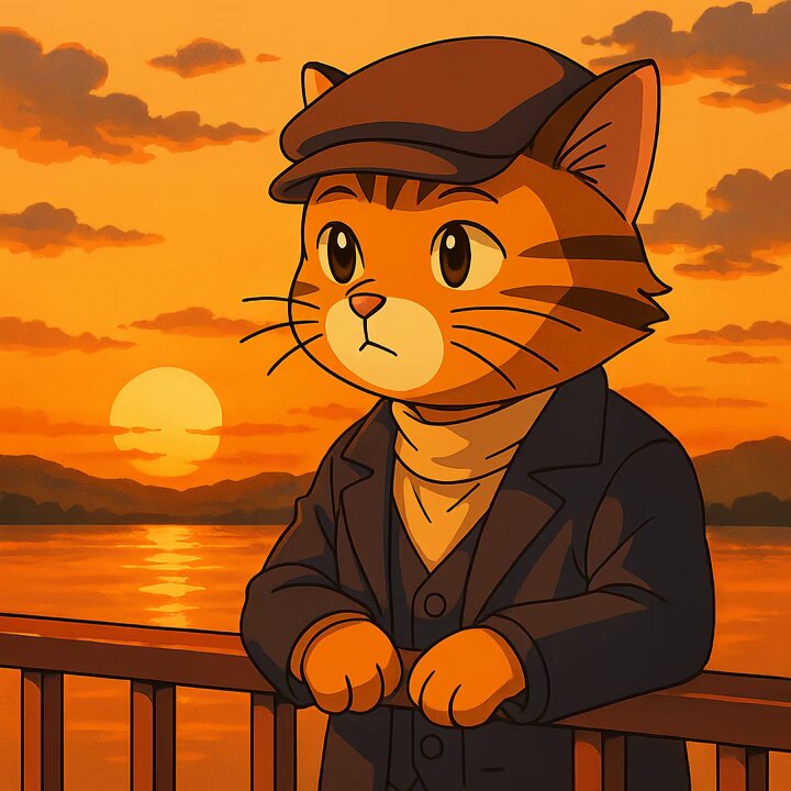 The image features a cartoon cat wearing a hat, standing near a wooden railing with its paws up. The background of the image shows an orange sky with clouds, creating a warm and inviting atmosphere. The caption "Effortless morning mastery. $CWIF #CWIF" suggests that this scene is part of a series or collection of images featuring the cartoon cat in various settings.