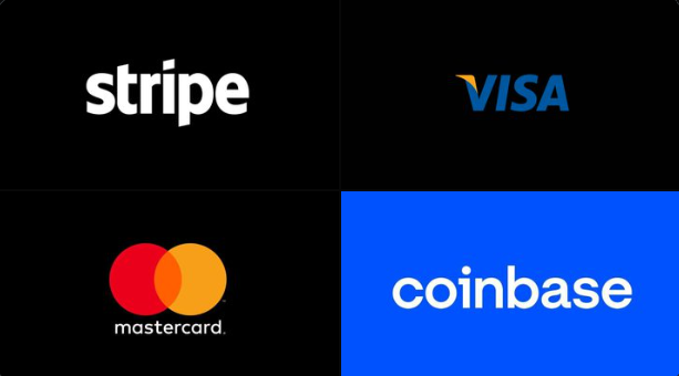 The image features four logos, each representing a different cryptocurrency exchange or payment processor. These logos include Stripe, Visa, Mastercard, and Coinbase. The logos are displayed against a black background with white text, making them stand out prominently. The text on the logos indicates that these exchanges are collaborating to create a new stablecoin for the market, aiming to compete with traditional payment methods such as Bitcoin Cash and Ripple.