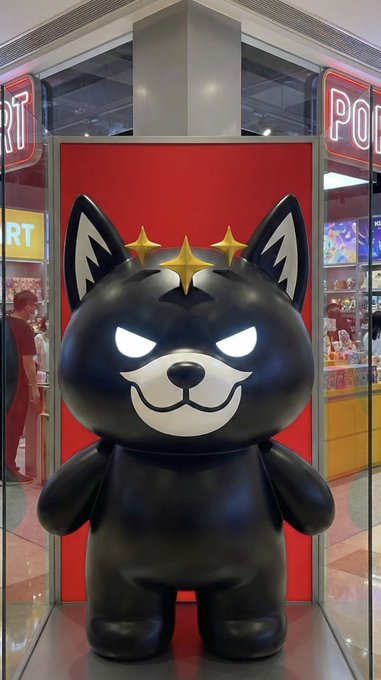 A large black dog-like mascot statue with glowing white eyes and three gold stars on its forehead stands on a red display platform in a shopping mall, with "POP" signs visible on nearby storefronts. The image promotes the "DARKITA" Bitcoin-inscribed PFP collection, with the fierce, crowned character serving as the collection's mascot to attract attention and build hype for the limited NFT drop.