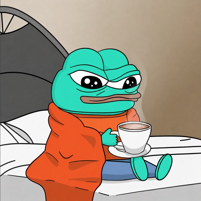 A cartoon illustration of a green Pepe-style frog character wearing an orange hoodie, sitting on a bed and holding a teacup.
