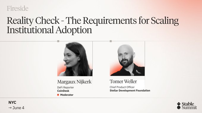 The image features a poster for an event at the stable summit, where two people are featured prominently - one woman and one man. The woman has her head tilted back while the man stands with his hands on his hips. They appear to be discussing something related to institutional adoption or scaling it. The text in the image reads "FIREIDE Reality Check: The Requirements for Scaling Institutional Adoption".